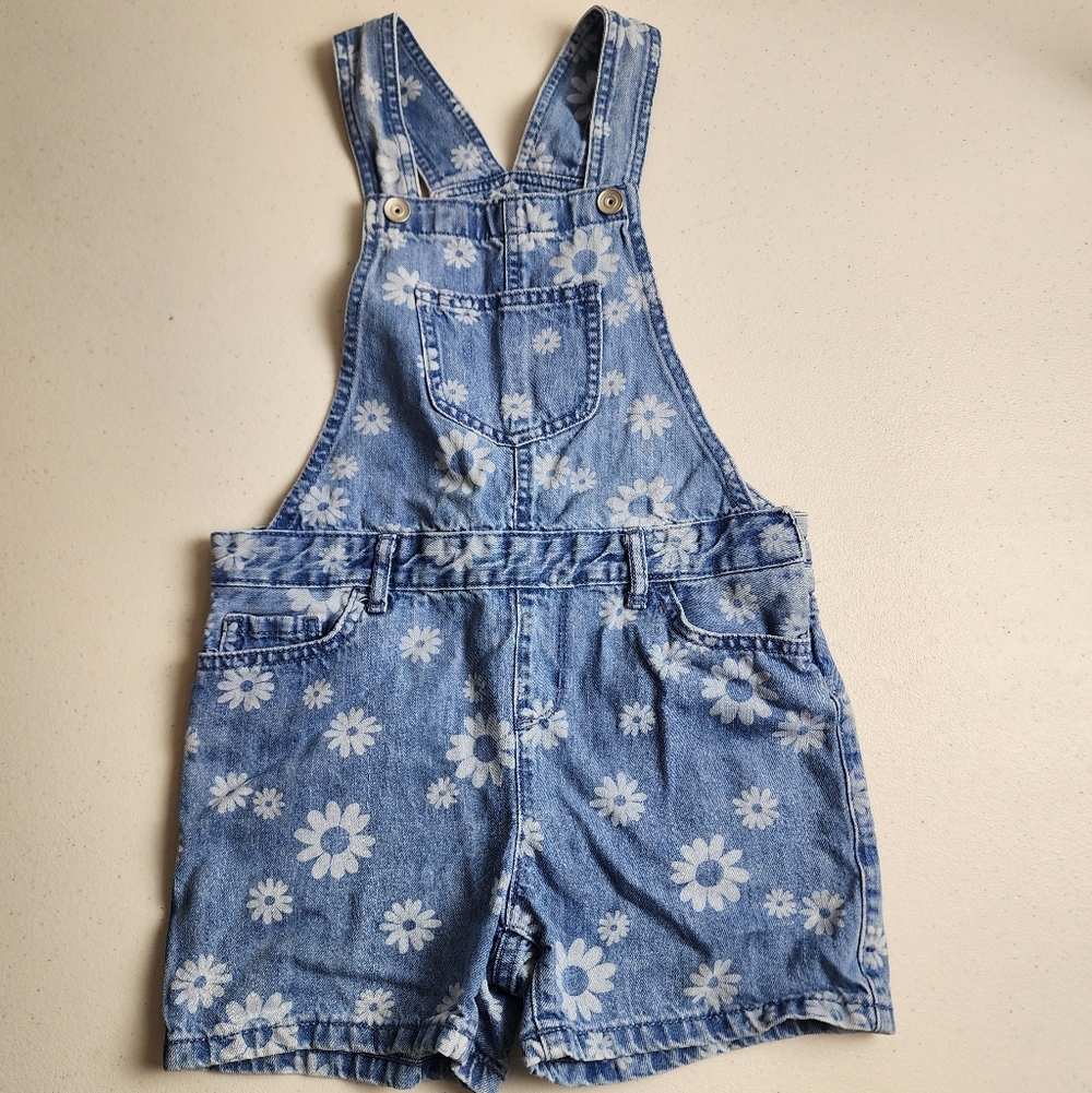 Children’s Place Girls Denim Daisy Floral Short Overalls Size 10
